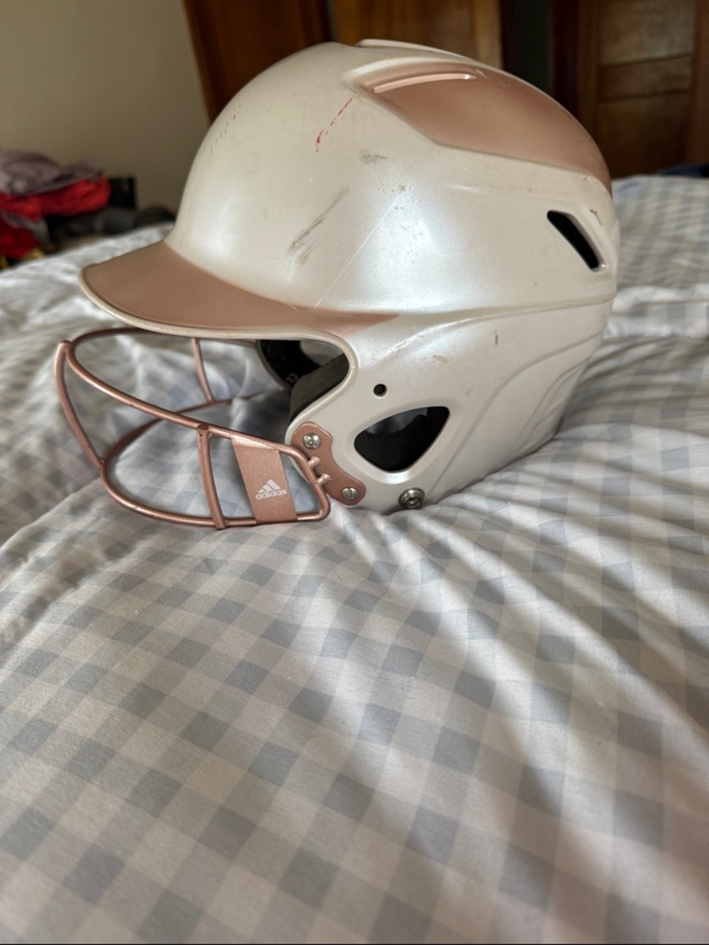 adidas Kids Helmet in White with Rose Gold Cage